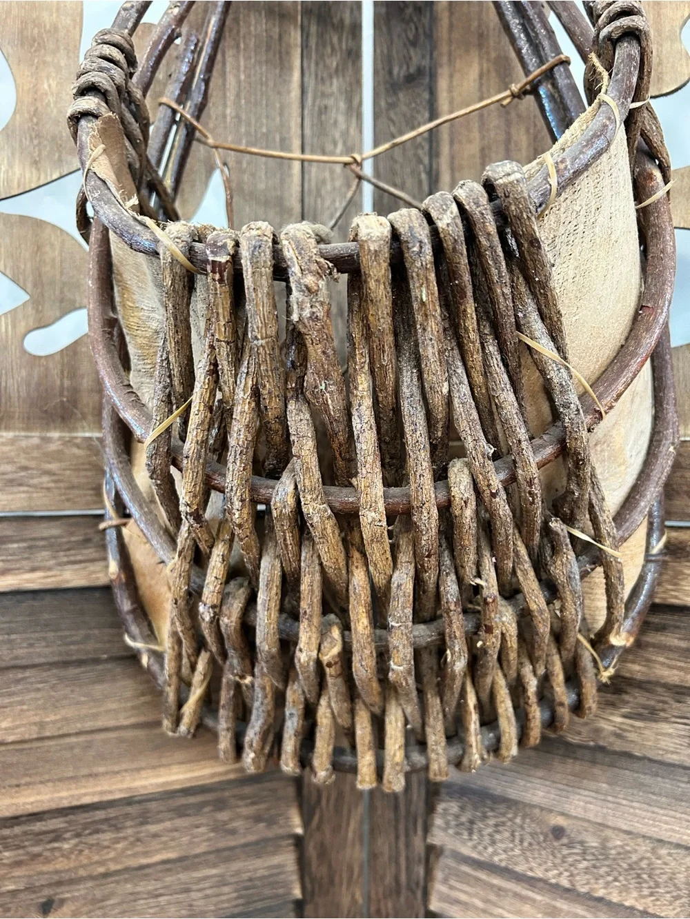 Vtg Palm Leaf & Woven Twig Hanging Wall Basket 17